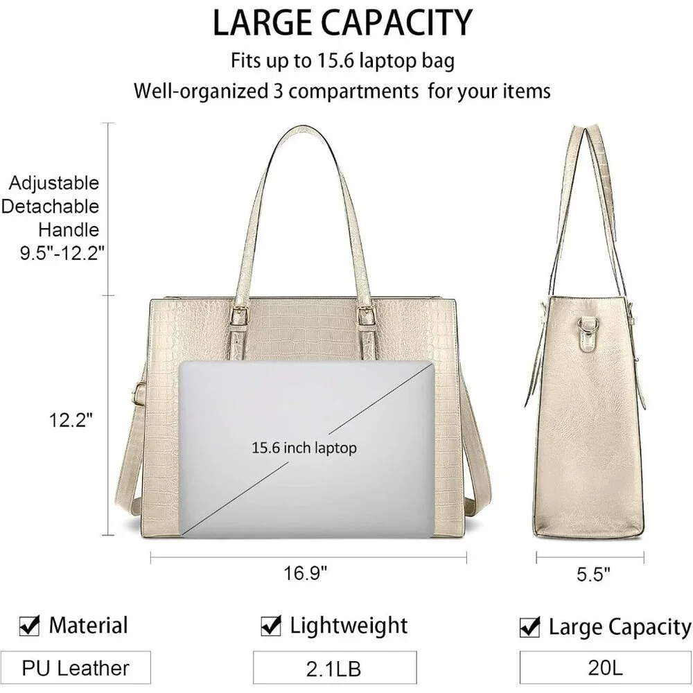 〽️Women Beige Leather Waterproof Professional Shoulder Bag 15.6 Inch Laptop Bag
